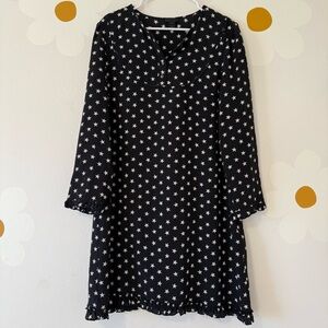 EUC J. Crew 100% Silk Long Sleeve Black and White Star Print Ruffled Dress